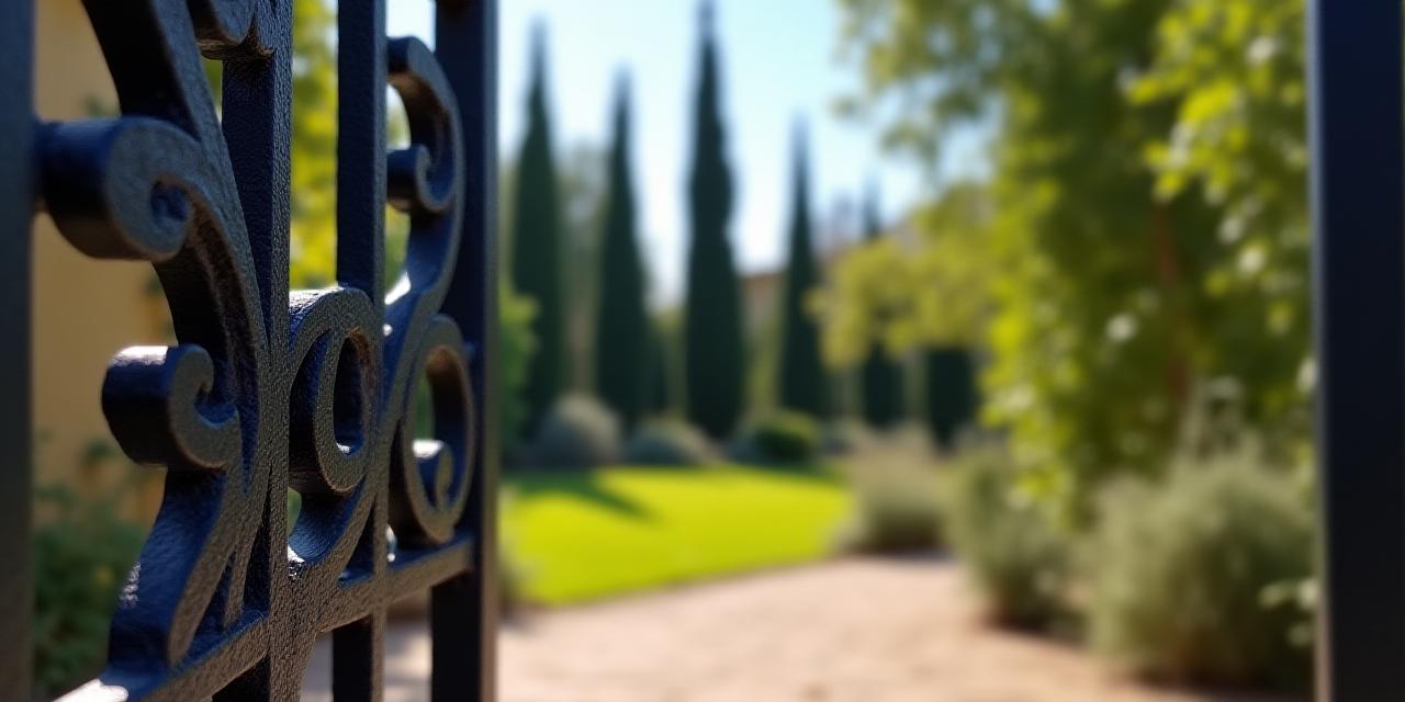Un cancello in ferro battuto elegante che si apre su un giardino lussureggiante, simbolo di sicurezza e privacy